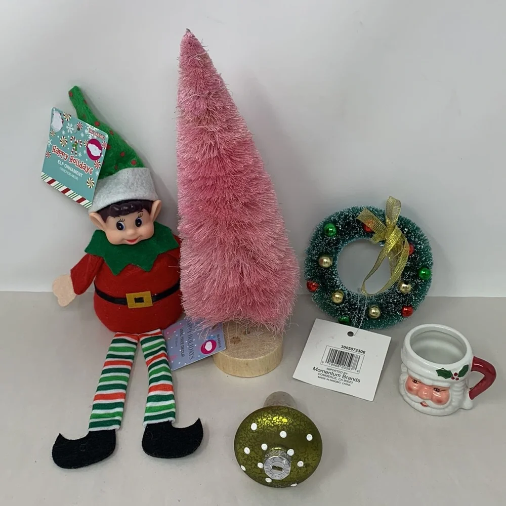 5 pc Christmas decor ornament lot Tree Wreath Elf Santa cup glass mushroom NEW - Picture 5 of 17